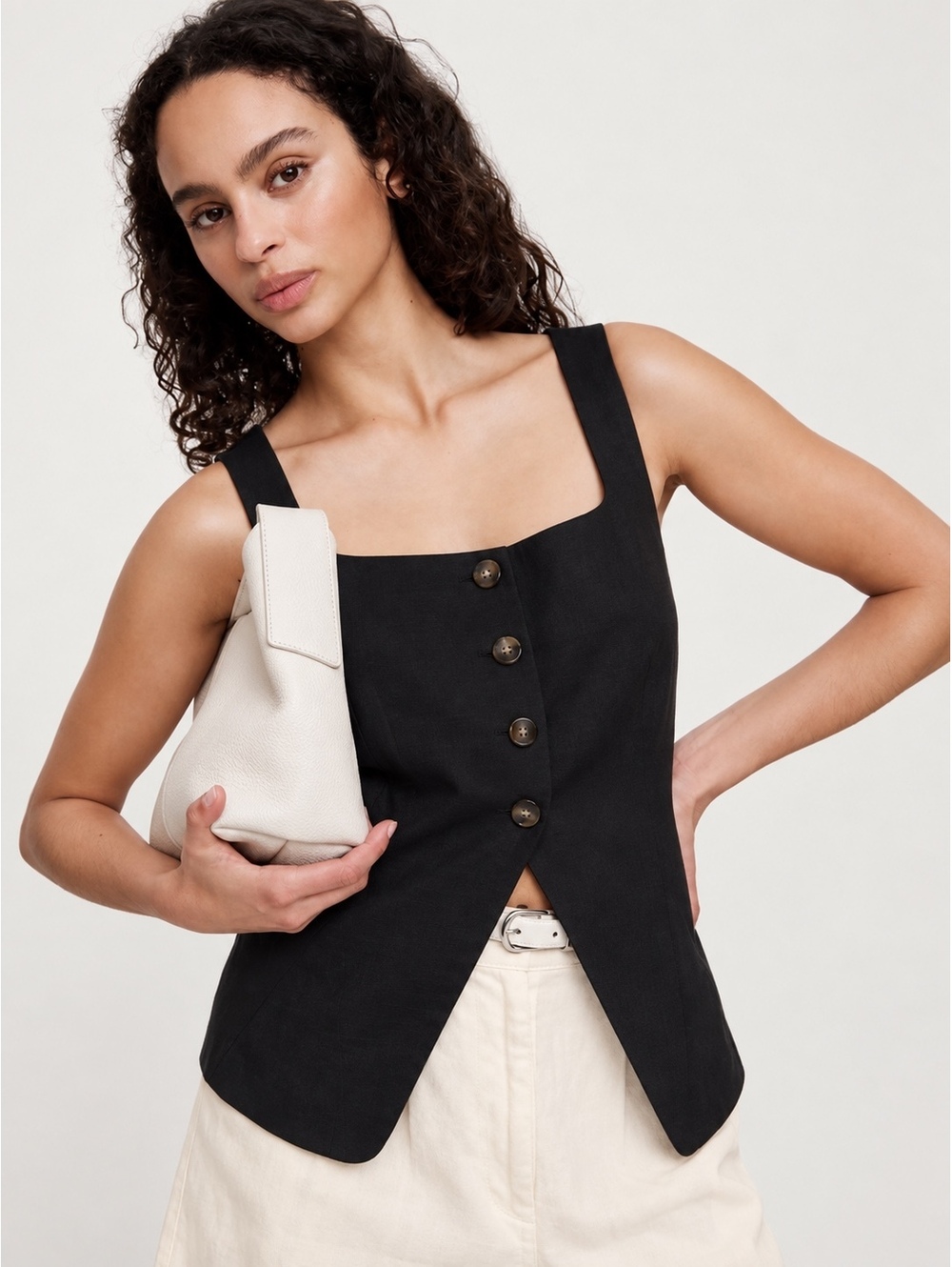 Banana Republic 100% Linen Long Vest Black Size 6 Square Neck Tie Back Y2K